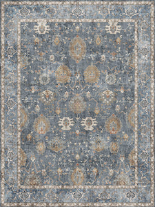 Decorative rug with intricate patterns on a blue background