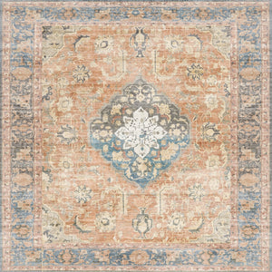 Decorative chair mat with intricate pattern in shades of brown, blue, and beige