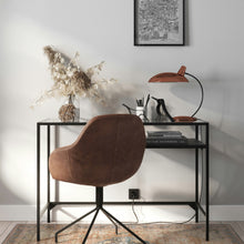 Load image into Gallery viewer, Modern home office with a brown chair, desk, and lamp.
