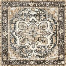 Load image into Gallery viewer, Decorative rug with intricate geometric pattern in brown, beige, and black
