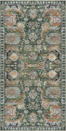 Decorative rug with intricate patterns in green, orange, and beige on a dark background