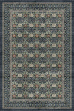 Load image into Gallery viewer, A rectangular area rug with an intricate traditional pattern in shades of navy blue, beige, and muted rust red, featuring a wide decorative border.
