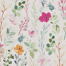 Load image into Gallery viewer, Floral pattern with colorful flowers and insects on a light background
