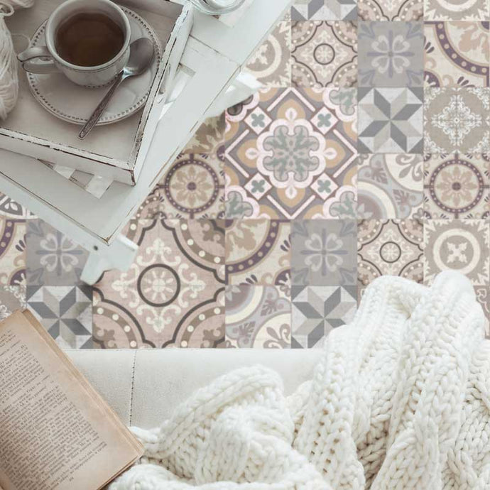 Grey and Brown vintage patchwork vinyl mat in a living room