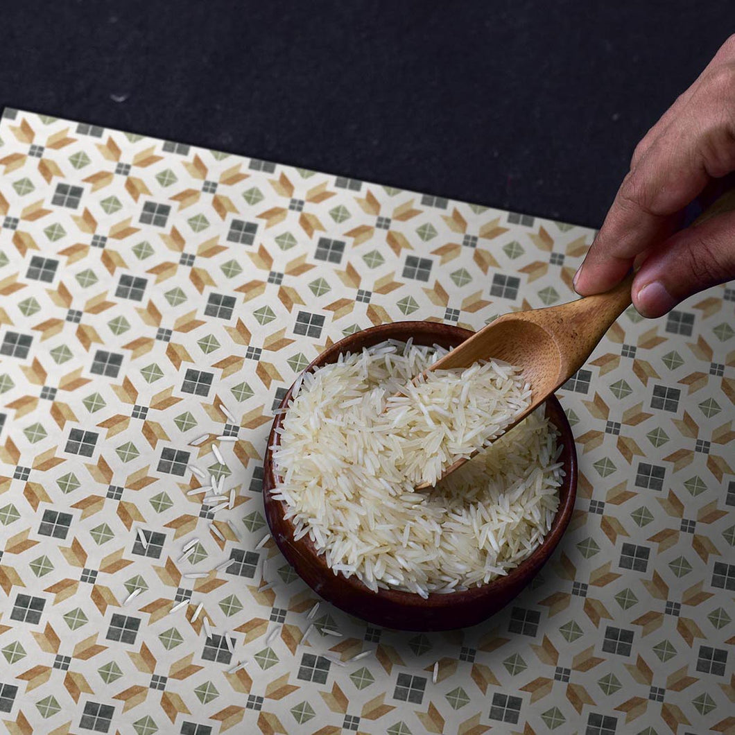 Bowl of rice on a colorful placemat