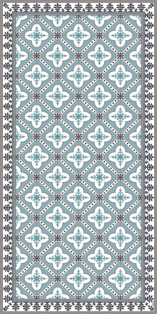 Light blue color vinyl mat design inspired by Spanish floor tiles - area mat size 3'x5'