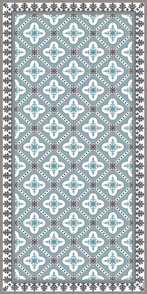 Light blue color vinyl mat design inspired by Spanish floor tiles - area mat size 3'x5'