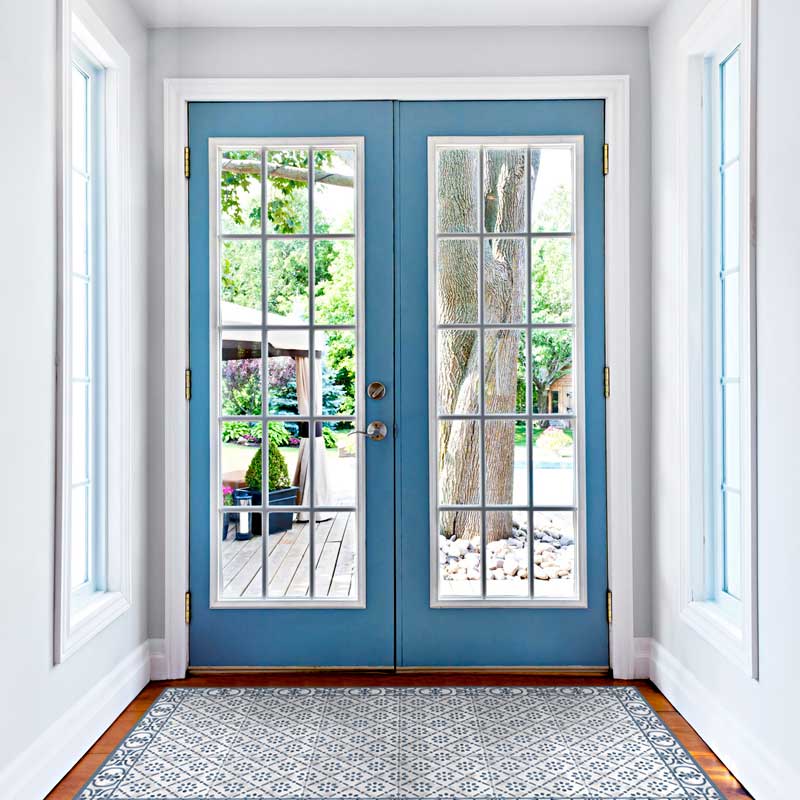 Light blue color vinyl mat design inspired by Spanish floor tiles located at the foyer