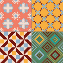 Load image into Gallery viewer, Orange and colorful patchwork  vinyl mat with Spanish tile design - sample tile
