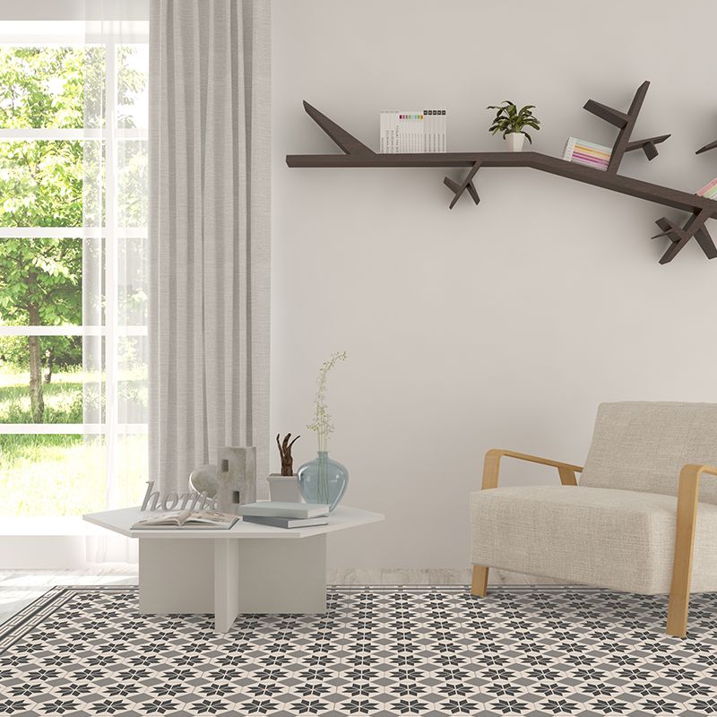 Grey vinyl mat inspired by Spanish floor tiles in a modern living room