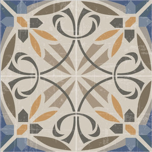 Beige and blue vinyl mat with Spanish tile design - tile sample