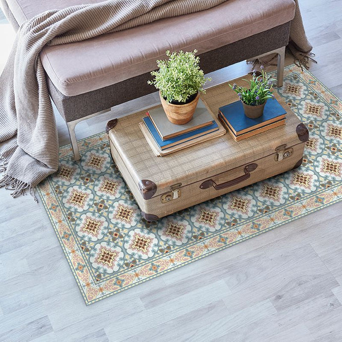 Grey and light yellow pvc mat design inspired by floor tiles in a rustic living room