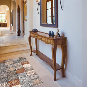 Grey and Brown patchwork vinyl mat in a hallway